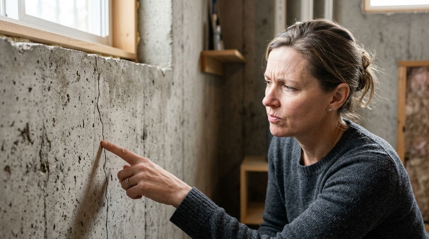 A concerned woman pointing at a vertical structural crack in her home concrete basement foundation wall.