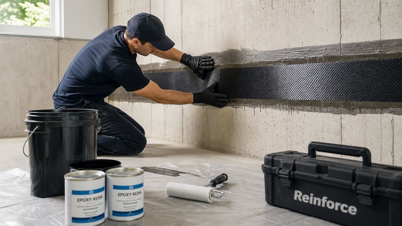 A professional construction worker installing carbon fiber reinforcement straps onto a basement concrete wall for structural support.