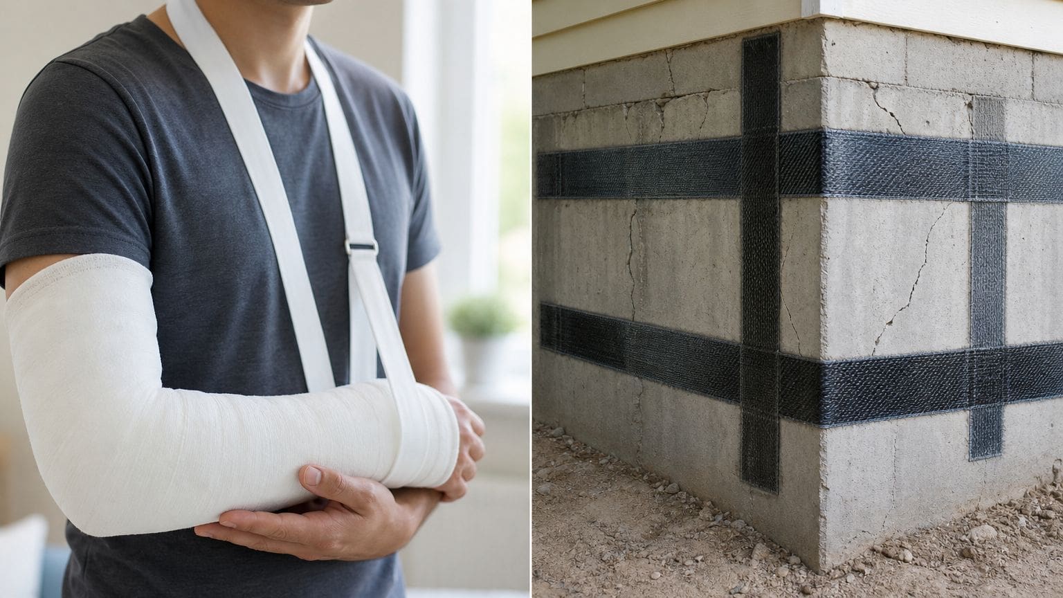A split image showing a person with a casted arm alongside concrete foundation reinforced with carbon fiber strips.