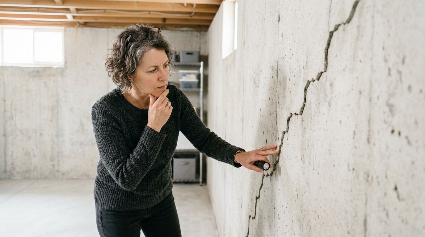 A woman examines a large diagonal crack in a concrete basement wall while holding a small flashlight.