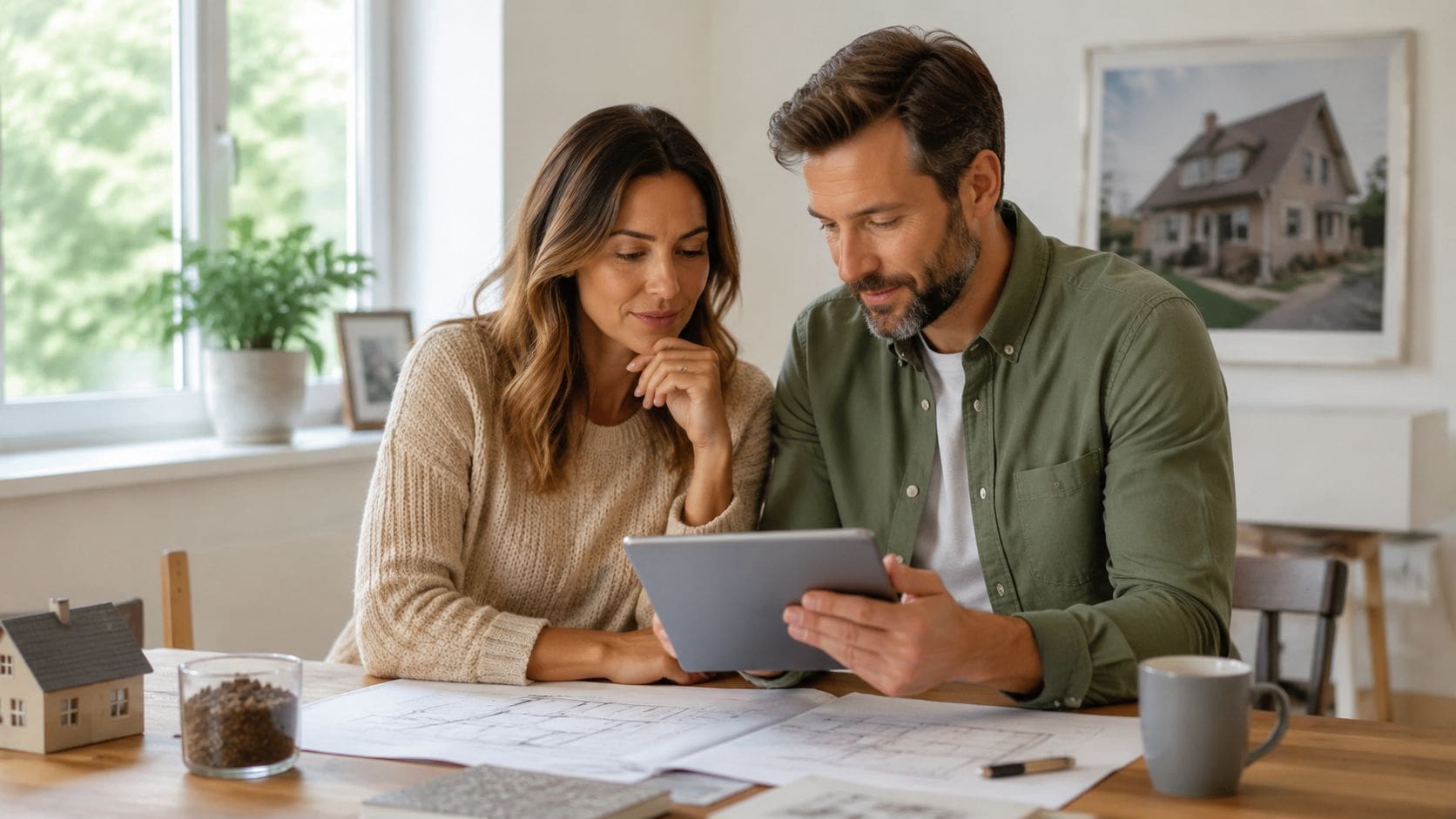 A couple sits at a wooden table reviewing architectural house blueprints on a digital tablet together.