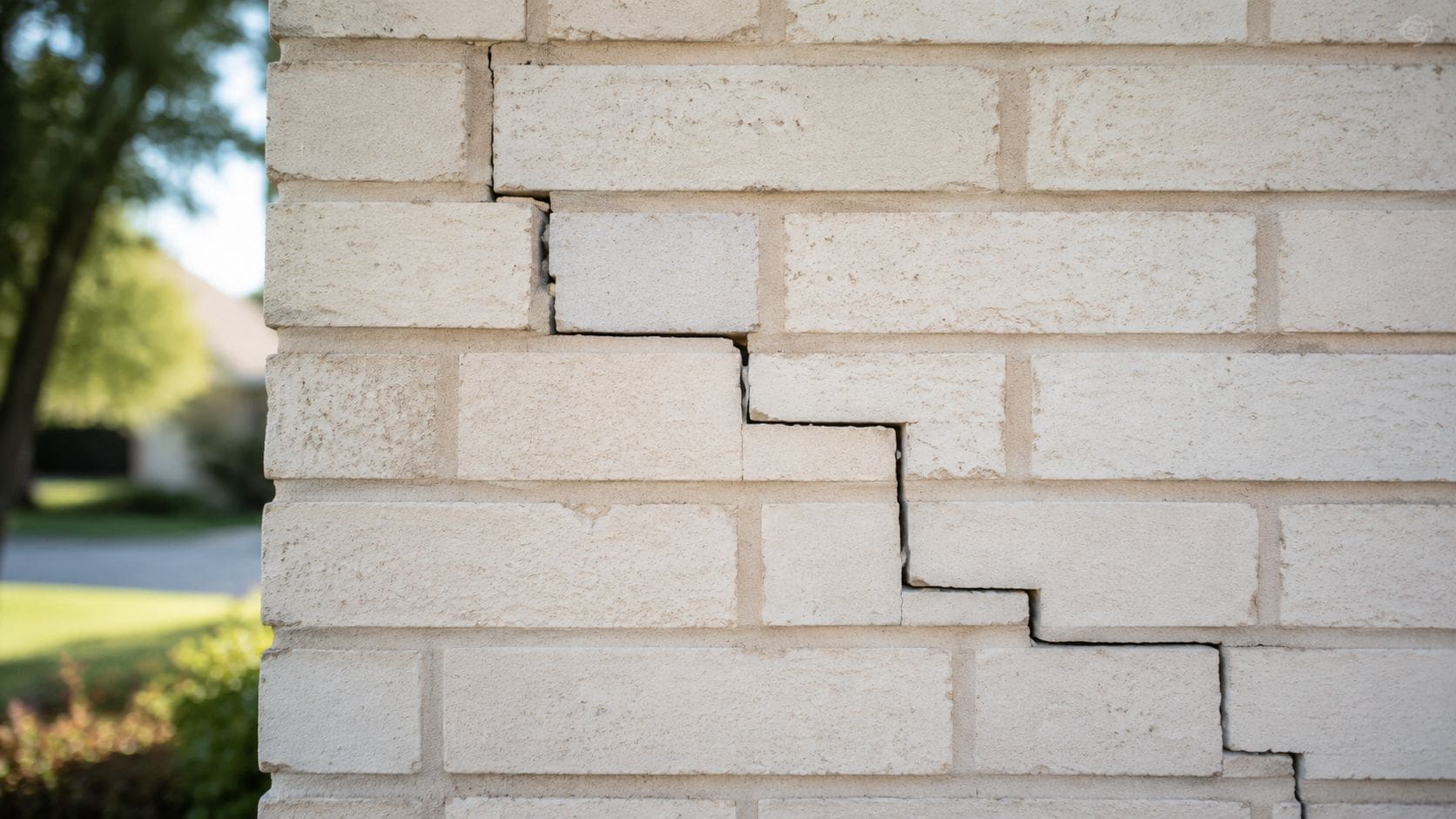 A close up view of a large stair step crack in an off-white brick exterior wall.