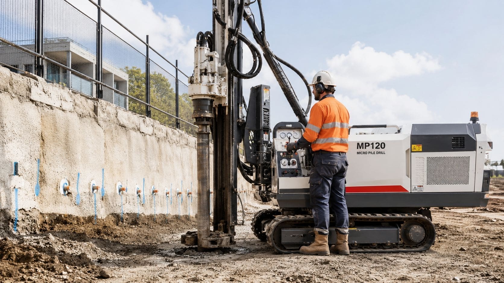 A construction worker operates a micro pile drill machine on a job site next to a wall.