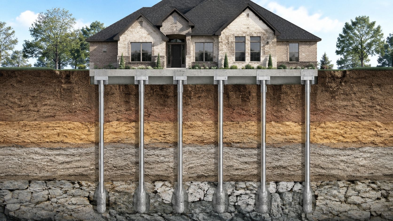 A cross-section illustration showing a residential home supported by micro pile foundations driven into stable bedrock.