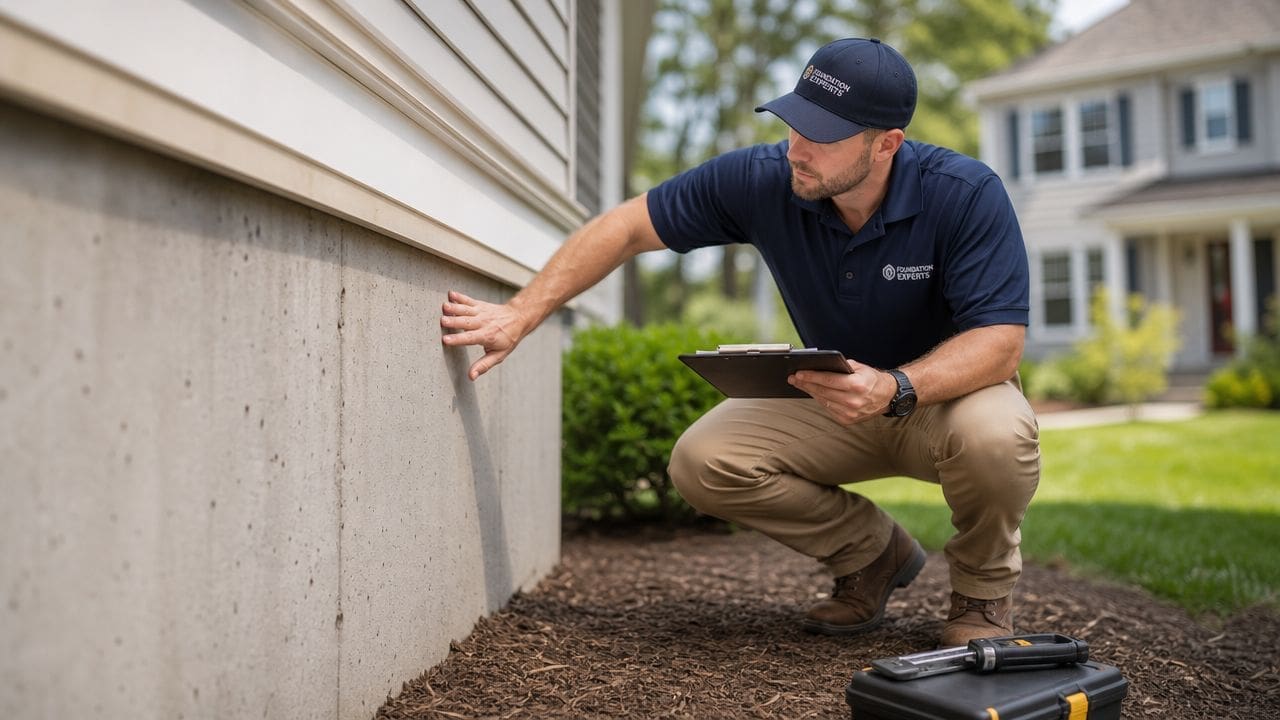 A professional foundation inspector examines the exterior concrete wall of a residential home for potential structural damage.
