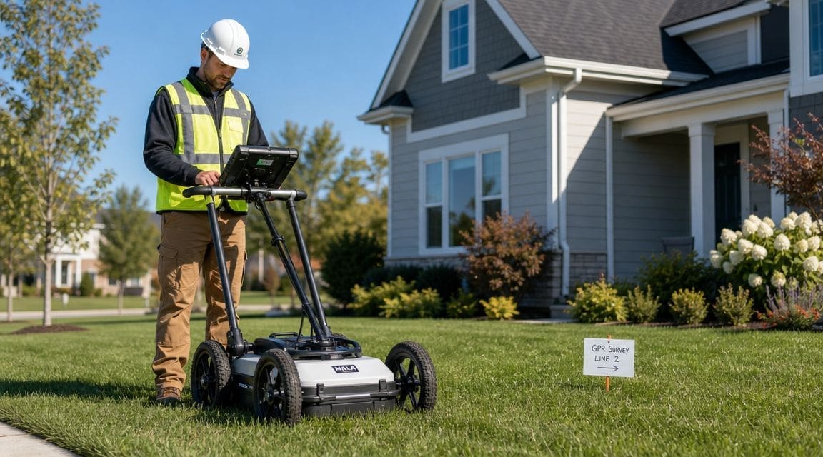 A professional technician using ground penetrating radar equipment to survey residential property for potential sinkhole hazards.