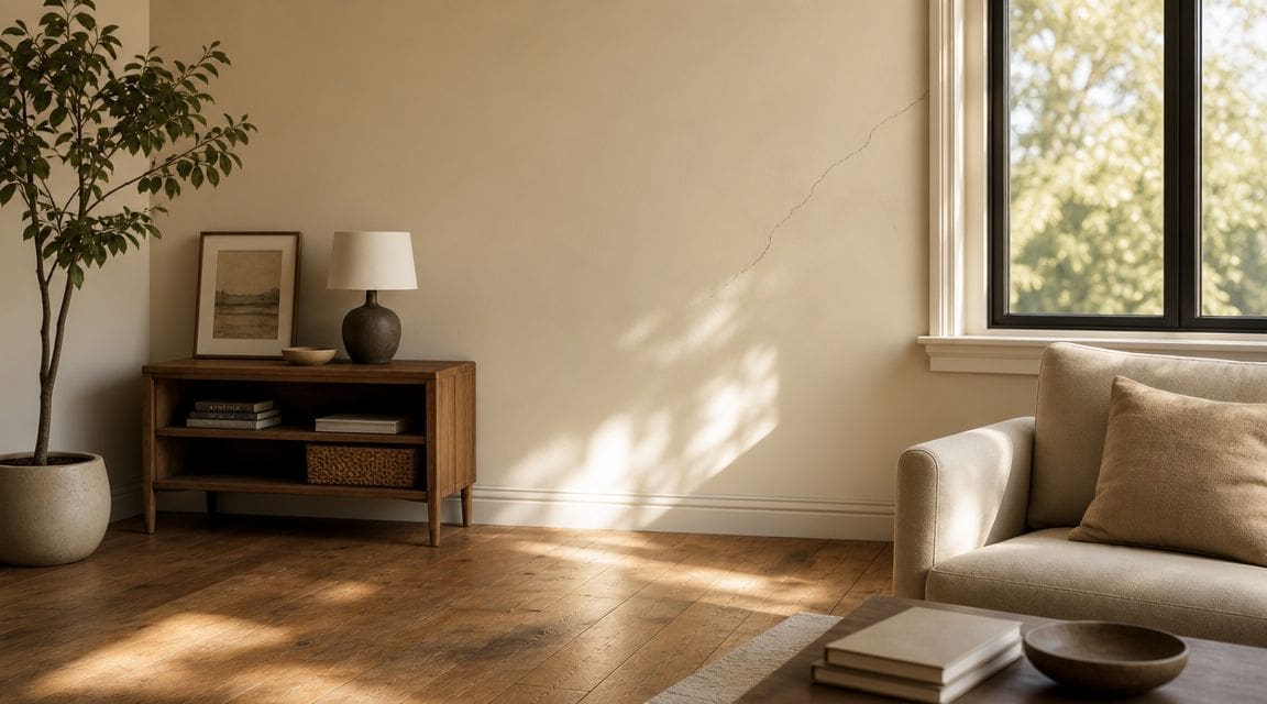 A living room interior featuring a beige wall with a prominent jagged crack indicating possible structural damage.