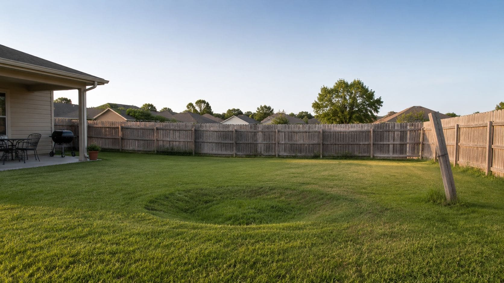 A backyard lawn featuring a suspicious circular depression in the grass, potentially indicating a developing sinkhole.