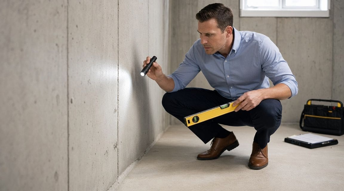 A professional structural engineer inspecting a concrete basement foundation wall using a flashlight and a level tool.