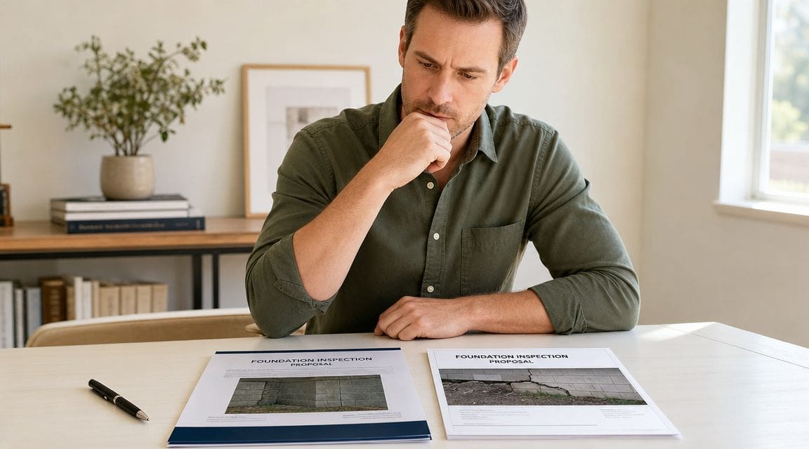 A professional man sitting at a desk reviewing foundation inspection proposal documents with structural damage photos.