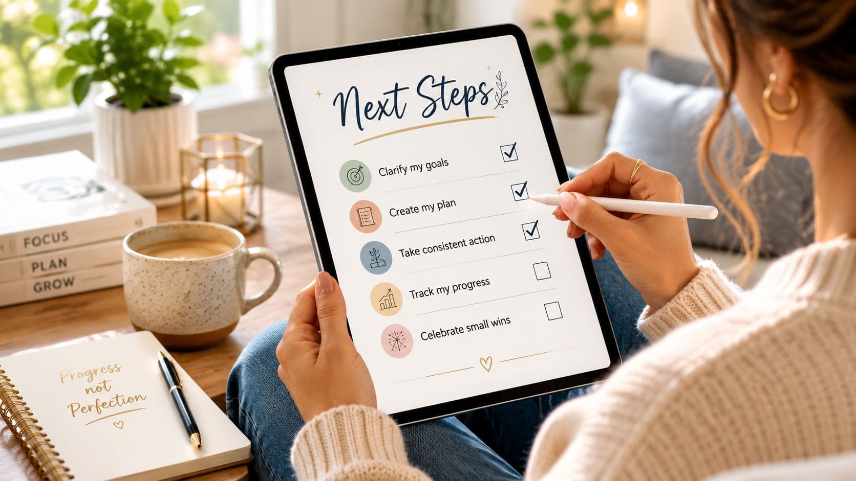 A person holding a tablet showing a checklist for next steps including goal setting and progress tracking.