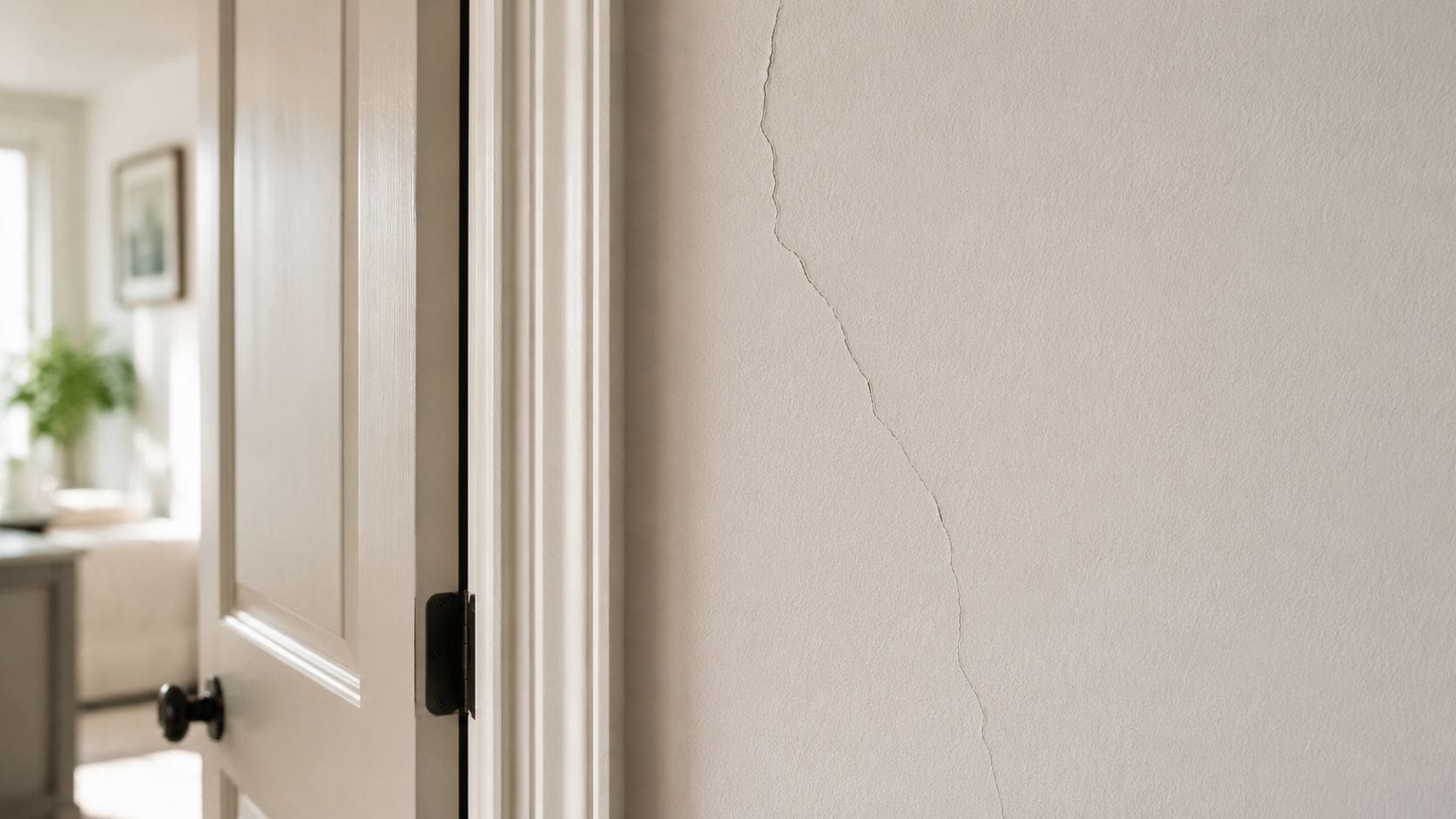A noticeable vertical crack in a plaster wall extending from the door frame, indicating potential foundation issues.