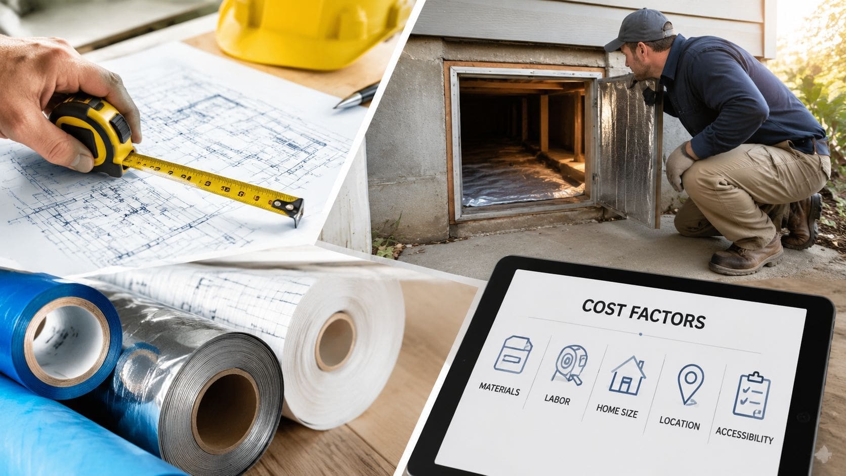 A split image showing construction plans, a worker checking a crawlspace, materials, and a tablet displaying cost factors.