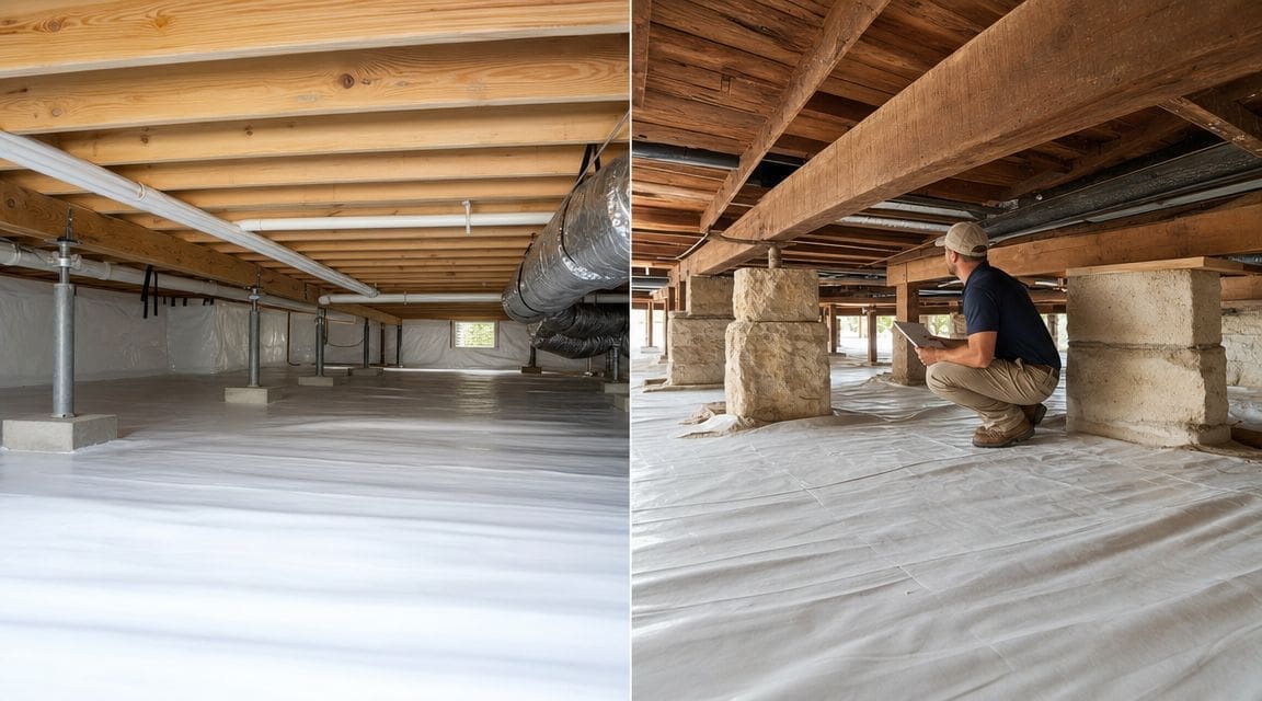 A comparison showing a modern crawl space with a vapor barrier and an older pier-and-beam crawl space.