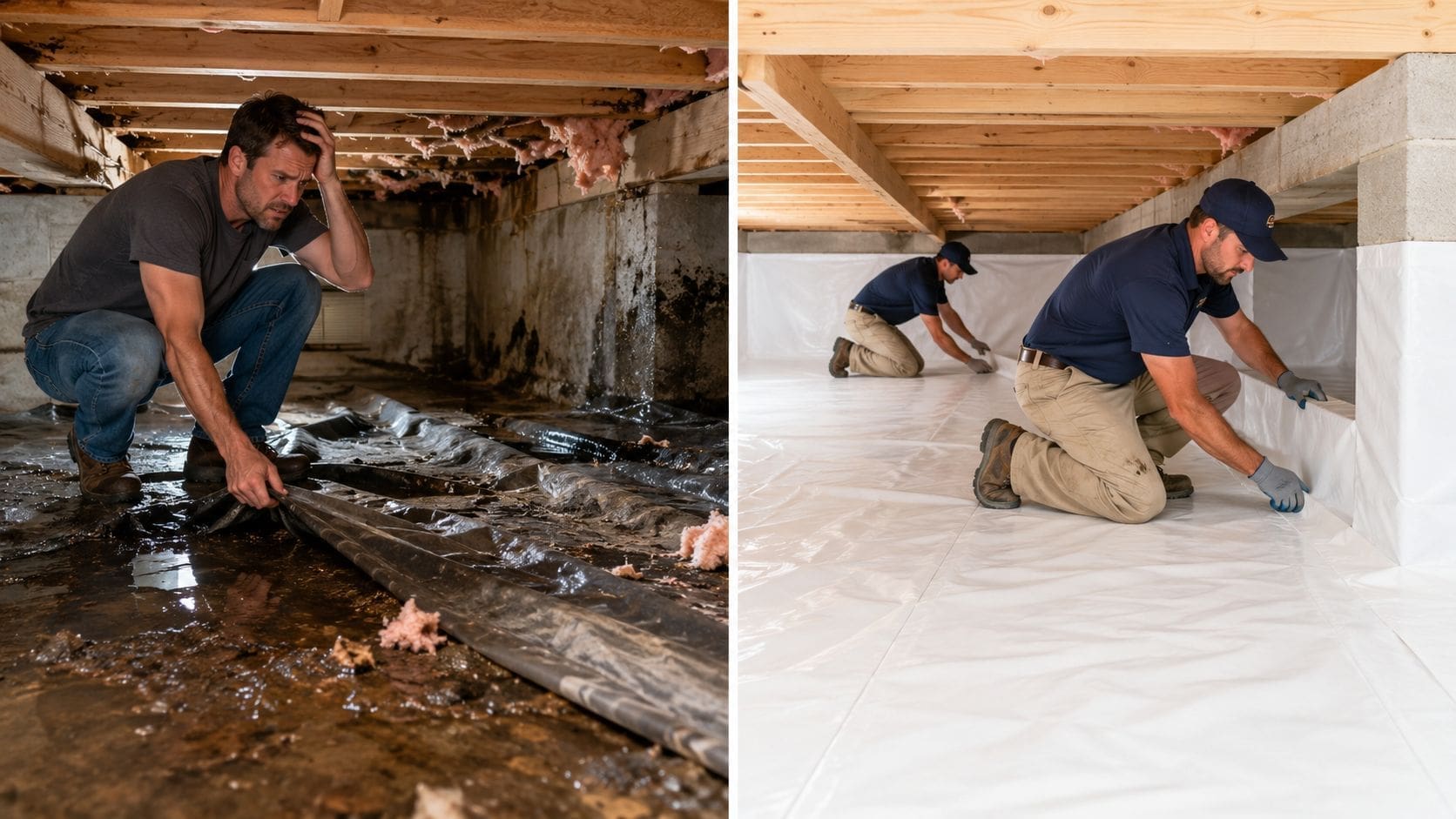 A comparison image showing a wet crawl space before and a clean vapor barrier installation after.