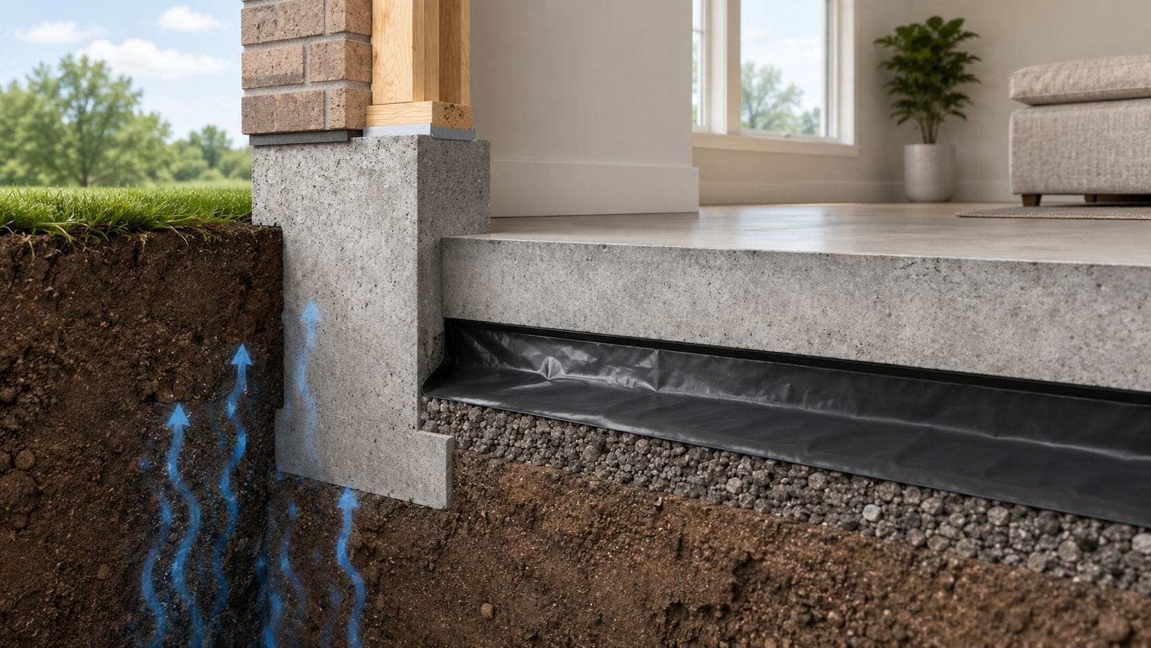 A cross-section illustration showing foundation concrete, vapor barrier installation, and rising moisture from the soil.
